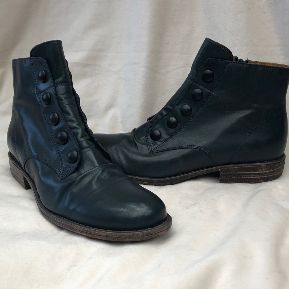 Miz Mooz Louise Ocean Deep Teal Leather Button Ankle Boots Size 12 W Portugal
